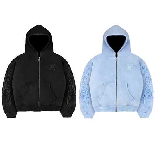 Y2K Fashion Retro Hoodie - Harajuku Gothic Punk Graphic Embroidery Zipper Hoodie - Hip Hop Streetwear